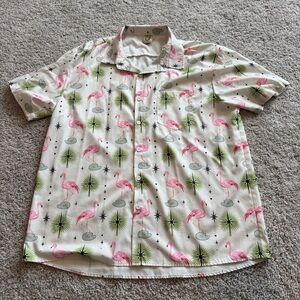 Hardaddy Men's White Flamingo Print Short-Sleeve Shirt Size Large
